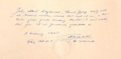 1945 a Pécsi Tudományegyetem államtudományi doktori diplomája, Csekey István dékán aláírásával, okmá...