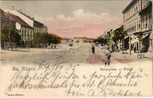 1905 Szászrégen, Reghin; Hauptplatz / Fő tér, Városi szálloda, Schwarz üzlete. Ignatz Hübner kiadása / main square, hotel, shops (szakadás / tear)