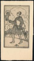 Bajor Ágost (1892-1958): Üdvözlőlap és meghívó rézkarc, tus, papír, jelzett, Képméret 9,5x5,5 cm