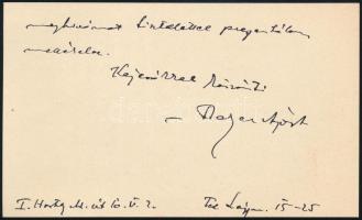 1930 Bajor Ágost (1892-1958) festőművész és grafikus autográf sorai kártyán, melyben sajnálkozását f...