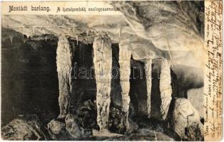 1908 Mézged, Meziad; Pestera Meziad / Meziádi (Mézgedi) cseppkőbarlang, a katakombák oszlopcsarnoka / stalactite cave interior, stalactite formations (fa)