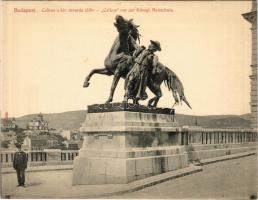 Budapest I. Csikós szobor a kir. lovarda előtt. Hajtatlan panoráma képeslap, Taussig Arth. 5630. (ragasztónyom / gluemark)