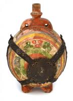 1938 Festett fa kulacs, bőr szíjakkal, kopottas állapotban, m: 24,5 cm