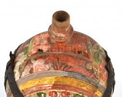 1938 Festett fa kulacs, bőr szíjakkal, kopottas állapotban, m: 24,5 cm