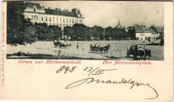 1898 Nagyszeben, Hermannstadt, Sibiu; Der Hermannsplatz / Hermann tér, szekerek. G. A. Seraphin kiadása / square, horse-drawn carriages (vágott / cut)