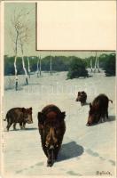 Hunting art postcard, wild boars in winter. Erika Nr. 457. litho s: Mailick
