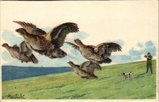 Hunting art postcard, pheasants. Erika Nr. 452. litho s: Mailick