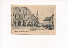 1901 Nagyszeben, Hermannstadt, Sibiu; Fleischergasse / Hentes utca, Református templom. G. A. Seraphin kiadása / street view, Calvinist church (ázott / wet damage)
