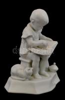 Zsolnay (Sinkó) fehér mázas olvasó kisfiú, jelzett, kis kopásnyomokkal, a feje ragasztott m: 18 cm
