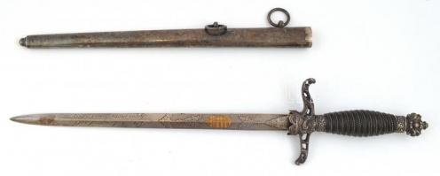 1915 Ezüstözött dísztőr, a penge egyik oldalán magyar címer díszítés, a másik oldalán Hügieia-kehely...