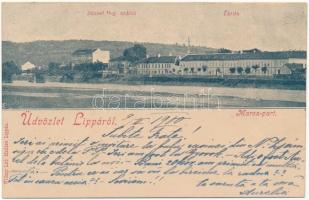 1900 Lippa, Lipova; József főherceg szálloda, zárda, Maros-part. Willner Leó kiadása / hotel, nunnery, Mures riverbank (ázott sarkak / wet corners)