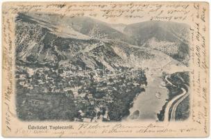 Toplec, Csernahévíz, Töplitz, Toplet; látkép, vasútvonal, gőzmozdony, vonat. Schmidt Ede kiadása / general view, railway line, locomotive, train (non PC) (ázott / wet damage)