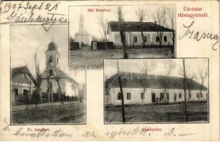 1907 Hévízgyörk (Aszód), Református és evangélikus templom, községháza. Schlesinger Salamon kiadása