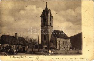 1905 Őraljaboldogfalva, Santamaria-Orlea (Hátszeg, Hateg); Református templom, lovaskocsi. Kendoff A. és fia kiadása / Calvinist church, horse-drawn carriage (lyuk / pinhole)