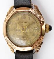 Arany (Au) 18K Resios watch mechanikus női karóra, másodpercmutatós számlappal, bőr szíjjal, az üveglapja karcos, nem működik, jelzetlen, bruttó: 12,18 g