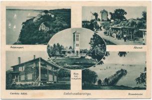 1938 Balatonakarattya, Balaton-part, Vasútállomás, Strand, fürdőzők, Római katolikus templom, Cserkész üdülő (ázott / wet damage)