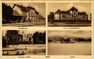 1935 Szob, Vasútállomás, M. kir. Révkapitányság, Lazarista rendház, evezős csónakok, látkép. Kettner Ferencné kiadása (EK)