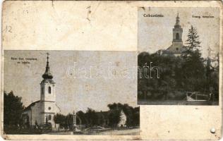Csikóstőttős, Római katolikus templom és iskola, Evangélikus templom. Koncz-Fotó kiadása (Dombóvár) (lyukasztott / punched hole)