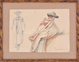 Ebner jelzéssel: Alakok. Akvarell, ceruza, papír, üvegezett keretben, 17×24,5 cm