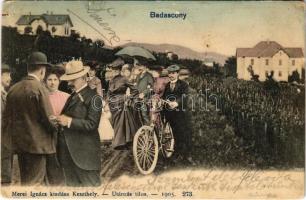 1906 Badacsony, szőlőskert, montázslap urakkal, hölgyekkel és kerékpárossal. Mérei Ignácz kiadása 1905. 273. (lyukak / pinholes)