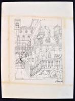 Kassák jelzéssel: Udvar. Tus, pauszpapír, papírra húzva, 23×18 cm