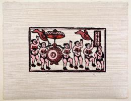 Jelzés nélkül: Távol-keleti stílusú metszetek, színezett, össz. 3 db mű. Papír, papírra kasírozva, l...