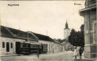 1915 Budapest XXII. Nagytétény, Fő utca, villamos, templom. Kiadja Szakály Károly 4788. .
