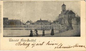 1900 Felsőszeli, Felső-Szeli, Horné Saliby; templom, kerékpáros. Török és Kremszner kiadása / church, man on bicycle