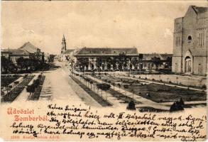 1900 Zombor, Sombor; Fő tér, templom / main square, churches + "ESZÉK-SZEGED" mozgóposta (EM)