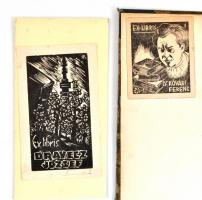3 db ex libris: AK jelzéssel: Ex libris Dravecz József. Fametszet, papír, jelzett, 11×6,5 cm; KJ jel...