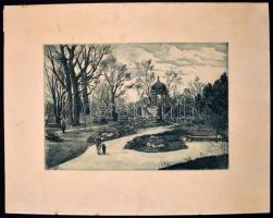 Jelzés nélkül: Margitsziget, Japánkert a zenélő kúttal. Rézkarc, karton, sérült, 30x43 cm