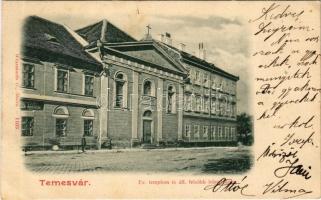 1900 Temesvár, Timisoara; Evangélikus templom, áll. felsőbb leányiskola, Cristian Lang borpince. Wlaszlovits G. kiadása 1103. / church and girl school, wine cellar