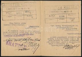 1939 Nagykőrös, származási igazolás céljából az anyakönyvi hivatalnak címzett levél