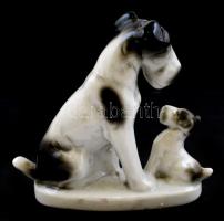 Foxterrier (foxi, terrier) kutya kölykével, festett porcelán, jelzett, kisebb mázhibákkal, m: 9,5 cm