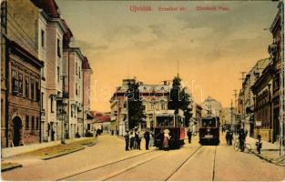 1915 Újvidék, Novi Sad; Erzsébet tér, villamosok. Hajós tőzsde kiadása / square, trams
