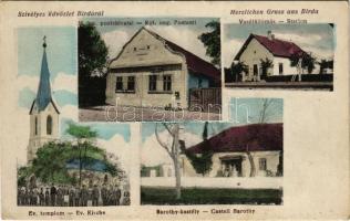 Birda, M. kir. postahivatal, evangélikus templom, Barothy kastély, vasútállomás / post office, Lutheran church, castle, railway station (EK)