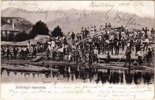 1909 Zsilvölgy (Zsil-völgy), Valea Jiului; faúsztatás. Kendoff A. és fiai kiadása / timber transport by rafting