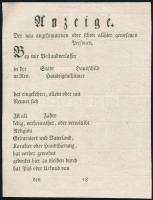 cca 1800 Az újonnan érkezett vagy már a helyben élő lakosok kimutatására szolgáló kitöltetlen német nyelvű okmány