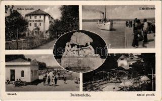 1943 Balatonlelle, Strand, fürdőzők, Éden penzió, Hajóállomás, gőzhajó, Szabó penzió, Irredenta emlékmű (EK)