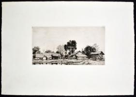 Boldizsár István (1897-1984): Falusi udvar. Rézkarc, papír, hátoldalán hagyatéki pecséttel. 15,5x29 ...