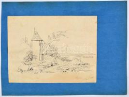 Sophine Török 1846 jelzéssel: Tóparton. Tus, papír, foltos, papírra kasírozva, 20x26 cm