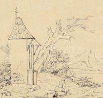 Sophine Török 1846 jelzéssel: Tóparton. Tus, papír, foltos, papírra kasírozva, 20x26 cm