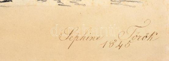 Sophine Török 1846 jelzéssel: Tóparton. Tus, papír, foltos, papírra kasírozva, 20x26 cm