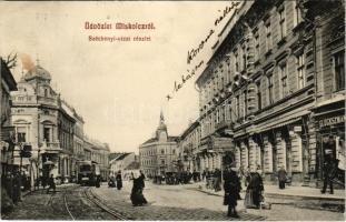 1912 Miskolc, Széchenyi utca, villamos, Glükszmann üzlete, Hotel Korona szálloda