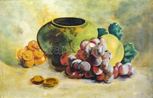 Jelzés nélkül: Csendélet gyümölcsökkel. Olaj, vászon, sérült fa keretben, 26,5×41 cm