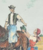 Jelzés nélkül: Korsós menyecske. Akvarell, tus, vászon, kissé sérült fa keretben, 21×22 cm