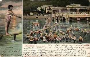 1905 Abbazia, Opatija; Slatina Bad / beach, lady in swimming dress. G. Rüger & Co. 8217. / Hátoldalon Tekintetes Sok Ötkoronás uraknak Mehringer Rezső vendéglőjébe címzve (EM)