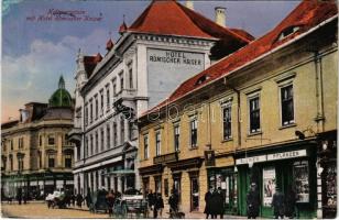 1917 Nagyszeben, Hermannstadt, Sibiu; Disznódi utca, Római császár szálloda, Josef Jikell virág, Karl Engber és Friedrich Baumann üzlete / Heltauergasse, Hotel Römischer Kaiser / street, shops, hotel (EK)