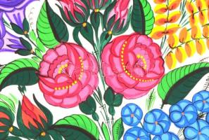 Nagyné Bagó Erzsébet népi iparművész (?-): Kalocsai népi virágmotívumok. Tus, akvarell, papír, jelze...