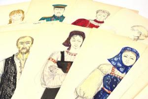 Vágvölgyi Ilona (1940-?): Össz. 21 db jelmezterv Tolsztoj: A sötétség hatalma c. darabhoz, Déryné Sz...